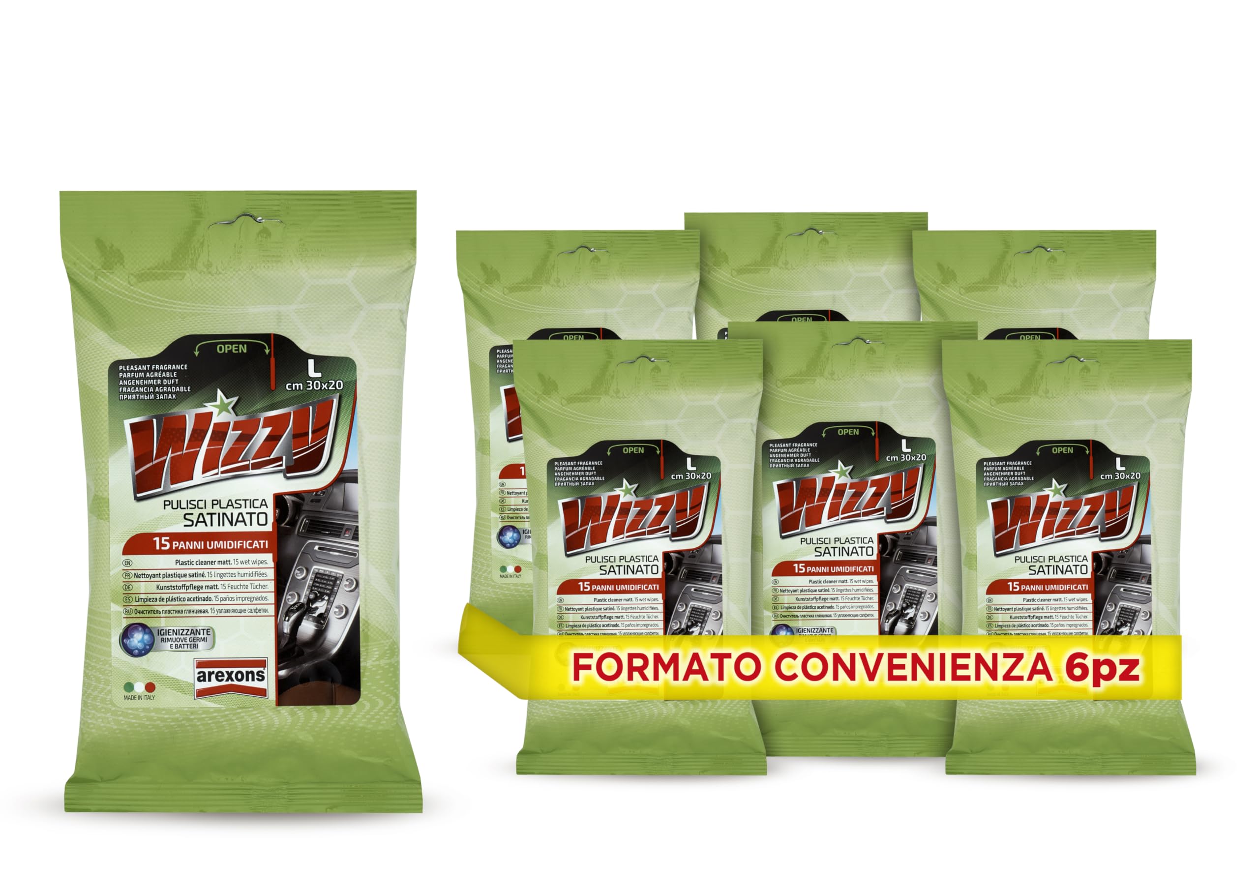 arexons-wizzy-pulisci-plastica-satinato-salviette-usa-e-getta-6-pezzi image 1