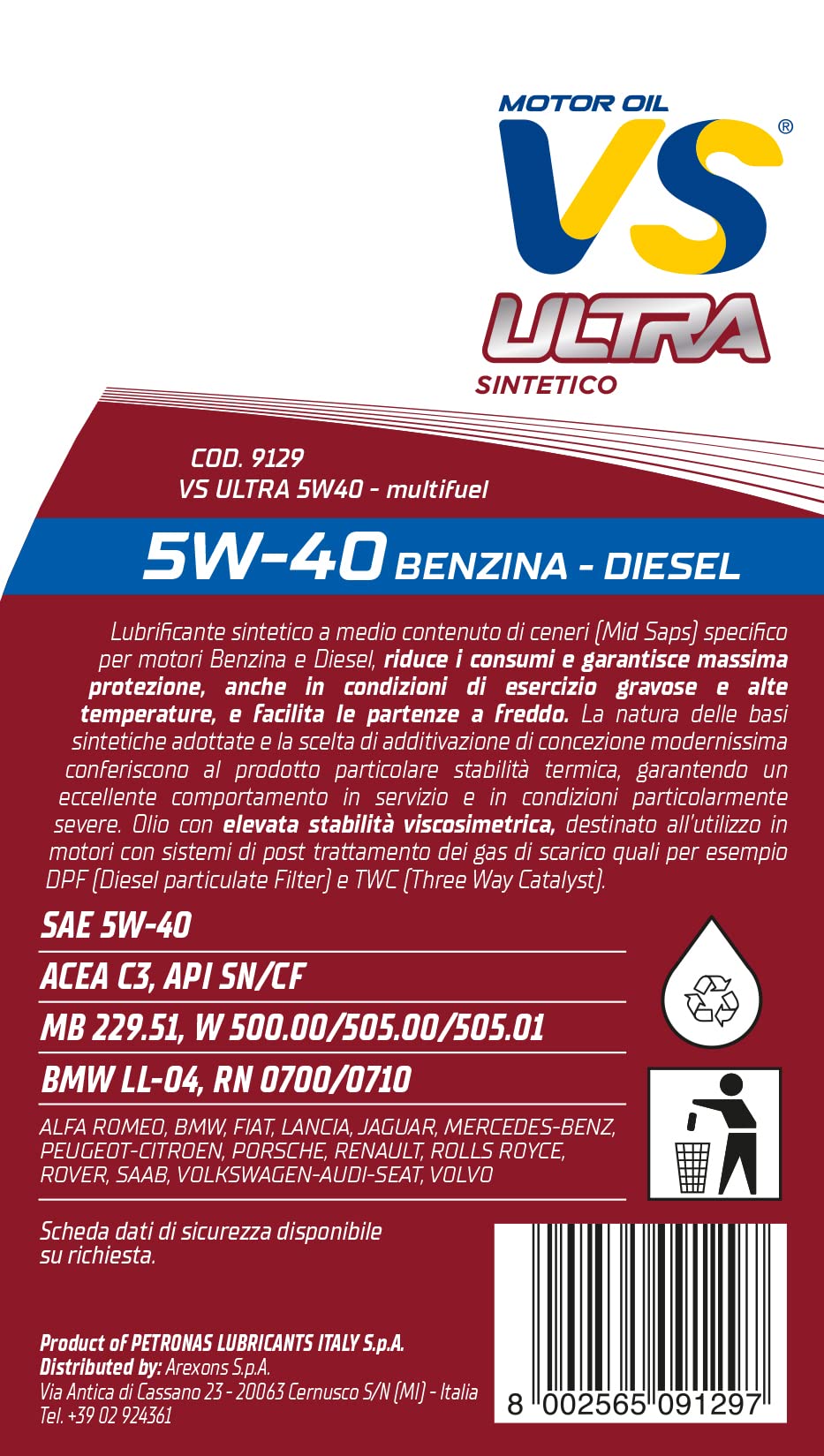 arexons-vs-ultra-5w-40-1l-lubrificante-sintetico-benzina-e-diesel image 2