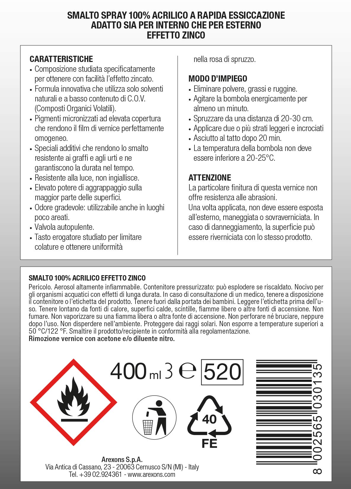 arexons-vernifer-smalto-100-acrilico-effetto-zinco-argento-400-ml image 3